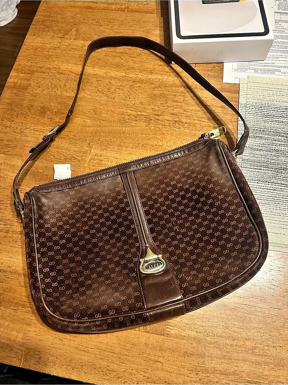 Gucci Vintage Micro GG Suede Horsebit Shoulder Bag Brown